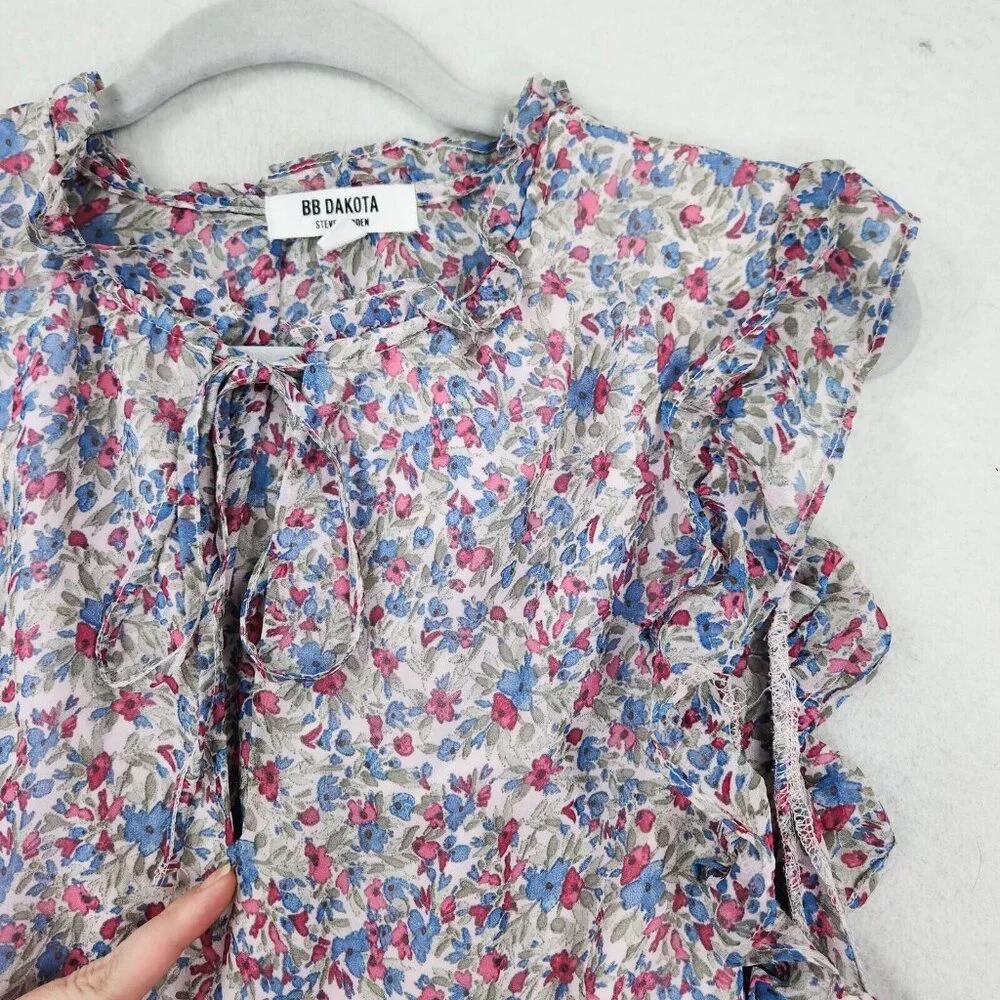 BB Dakota Dress Womens Large Blue Pink Floral Ruffle Tiered Maxi Peasant Cottage - Picture 4 of 13